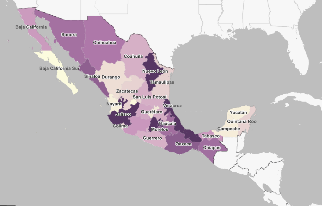 A color coded map of Mexico, which is shaded in varying shades of purple. The darker the purple a state is shaded, the more femicides exist in that region. These statistics are derived from state datasets.